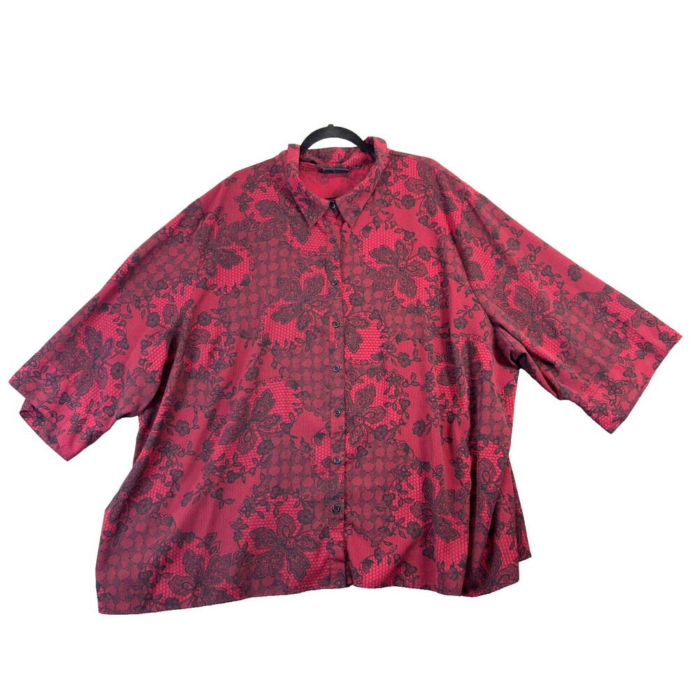 Maggie Barnes Top Womens 5X Red Button Up Floral Blouse Work Office Casual Plus